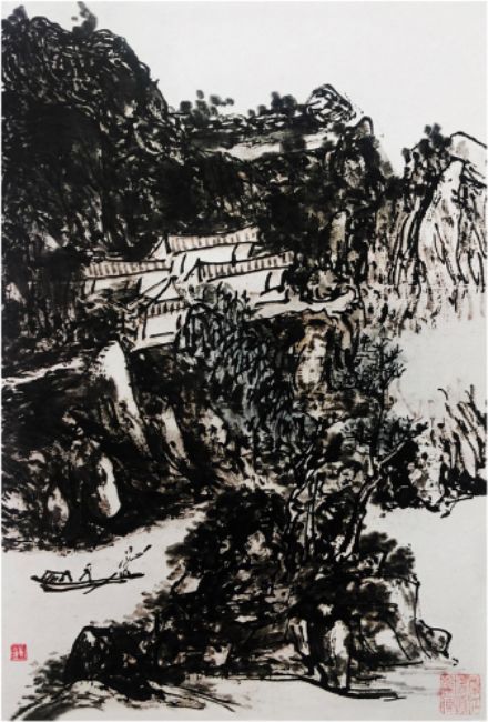黄賓虹《泛舟图》，宣纸、水墨，1950年