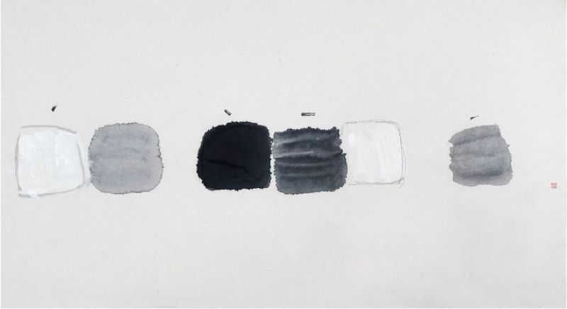 張羽《8501──對話牧溪》，101×55cm，宣紙、毛筆、水墨、洗衣粉、鉛筆、印泥，1985年